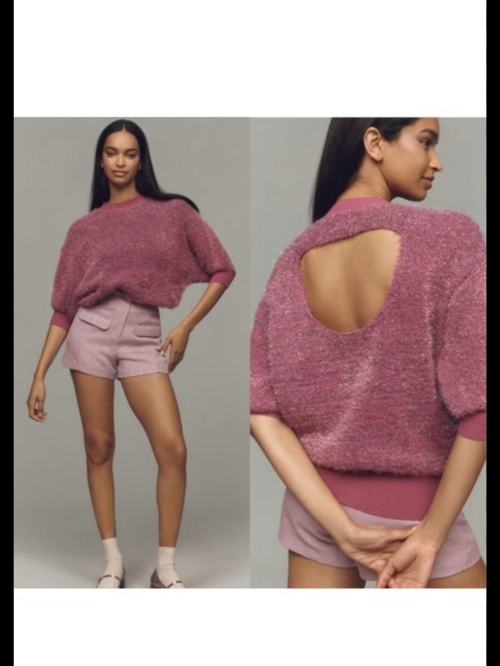 Maeve Anthropologie Fuzzy Open-Back Crewneck Sweater in Dusty Rose